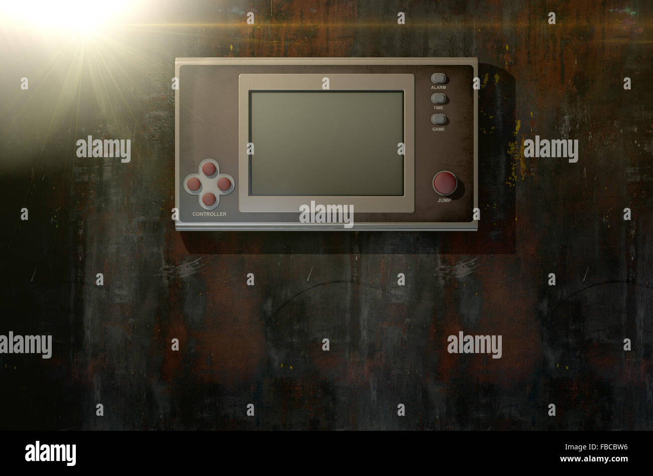 A vintage handheld video game console with a blank screen on a dark