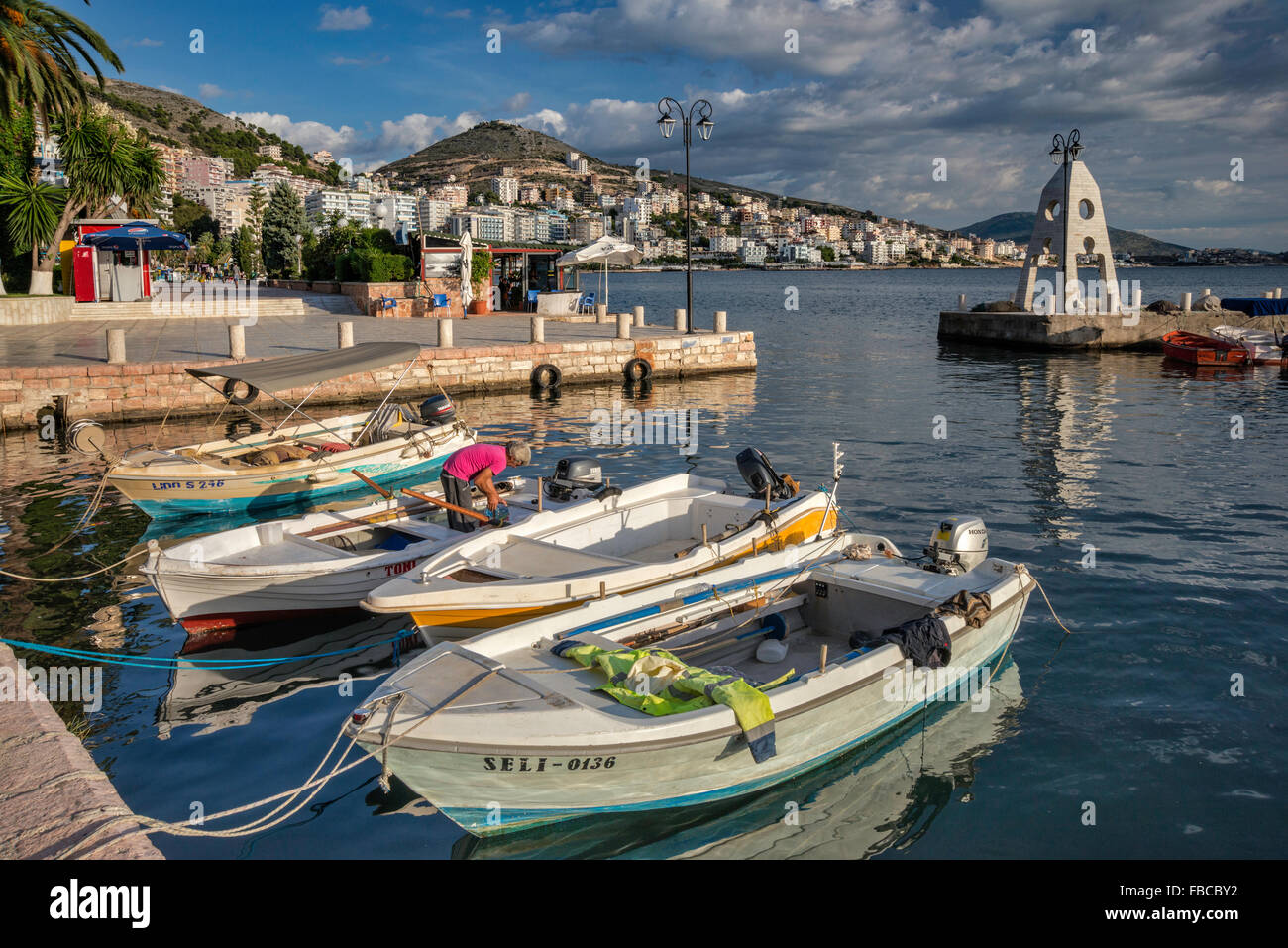 Boats at harbor, Saranda seafront, Ionian Sea coast in Saranda (Sarande), Albanian Riviera, Albania Stock Photo