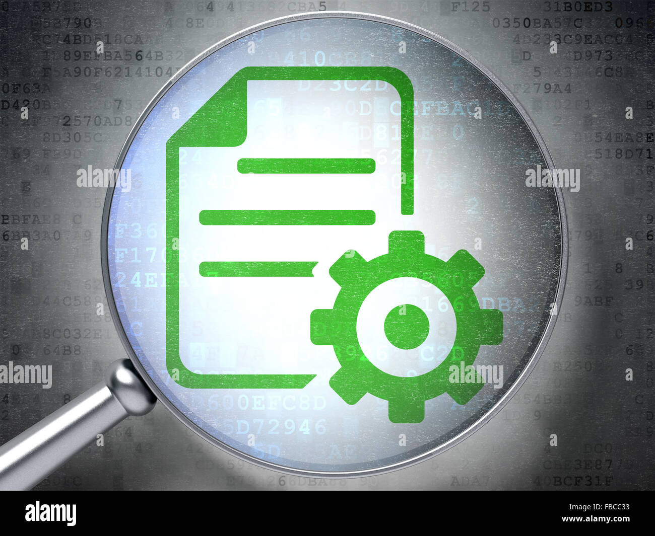 Database concept: Gear with optical glass on digital background Stock ...
