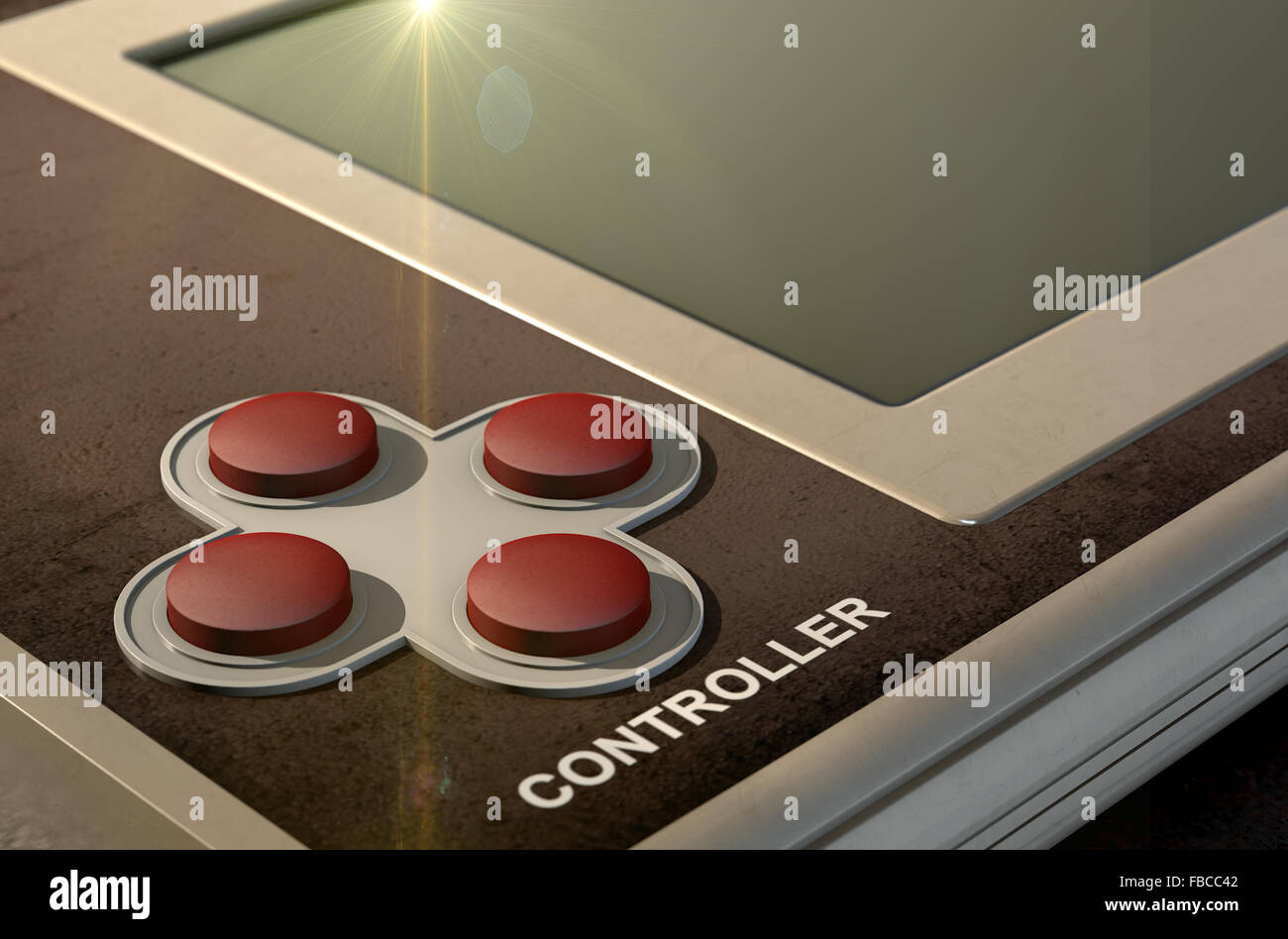 A vintage handheld video game console with a blank screen on a dark