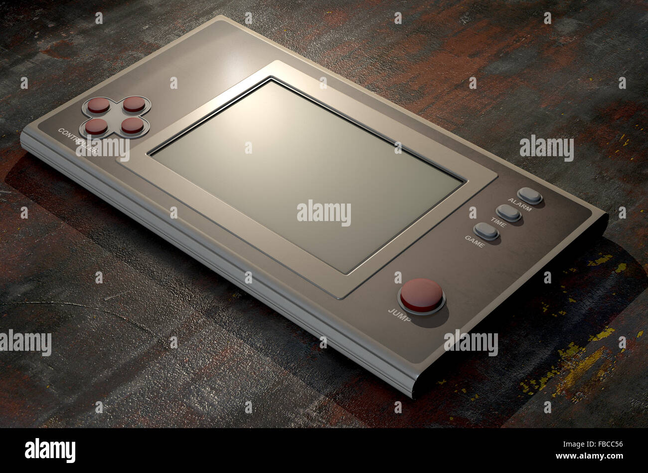 A vintage handheld video game console with a blank screen on a dark