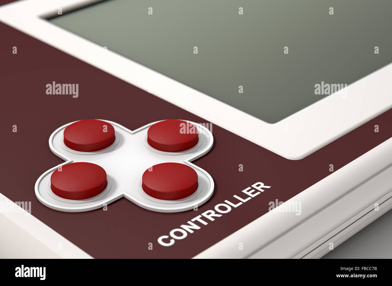 A vintage handheld video game console with a blank screen on an