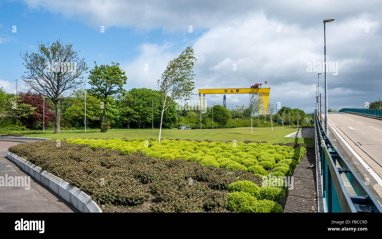 The Harland & Wolff cranes Samson and Goliath stand tall in the Belfast skyline. Stock Photo