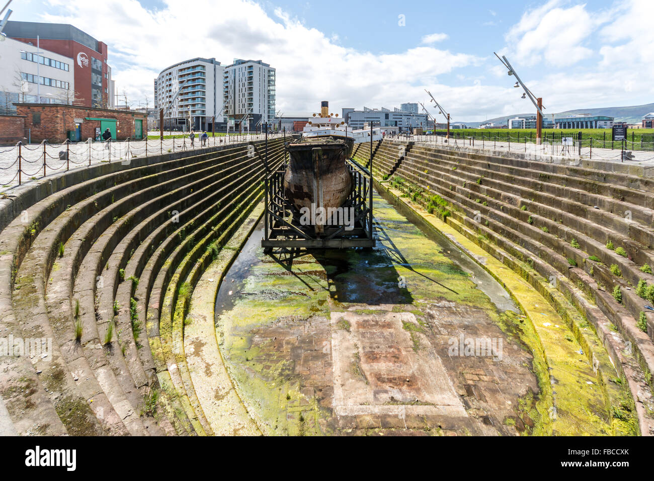 SS Nomadic sits in its final resting place in Belfast's Titanic Quarter. Stock Photo