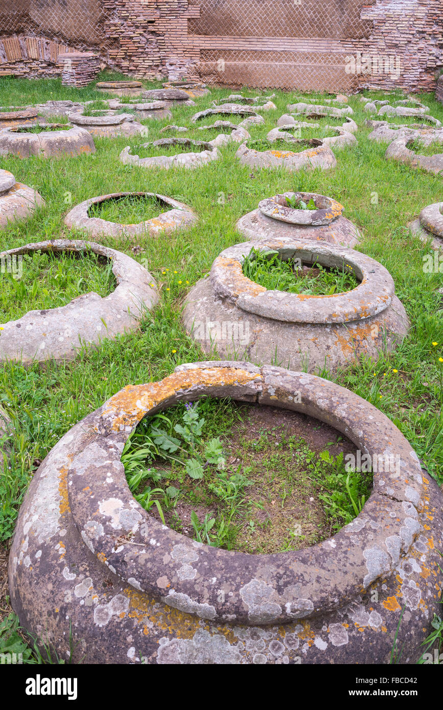 Details of ancient roman storage jars in ground. Archeological site of