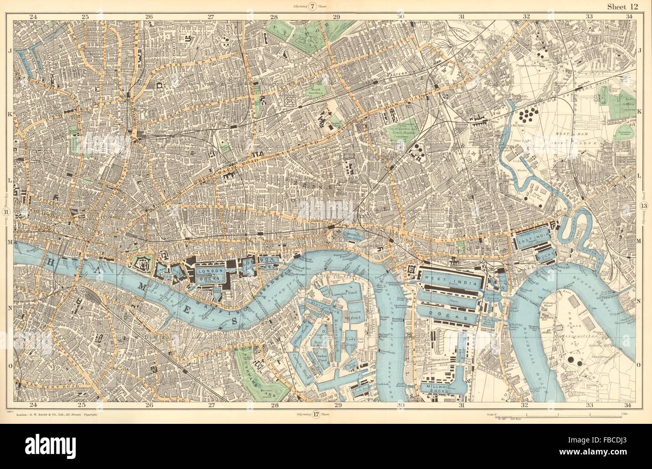 LONDON City East End Southwark Bethnal Green Docks Shoreditch. BACON , 1903 map Stock Photo