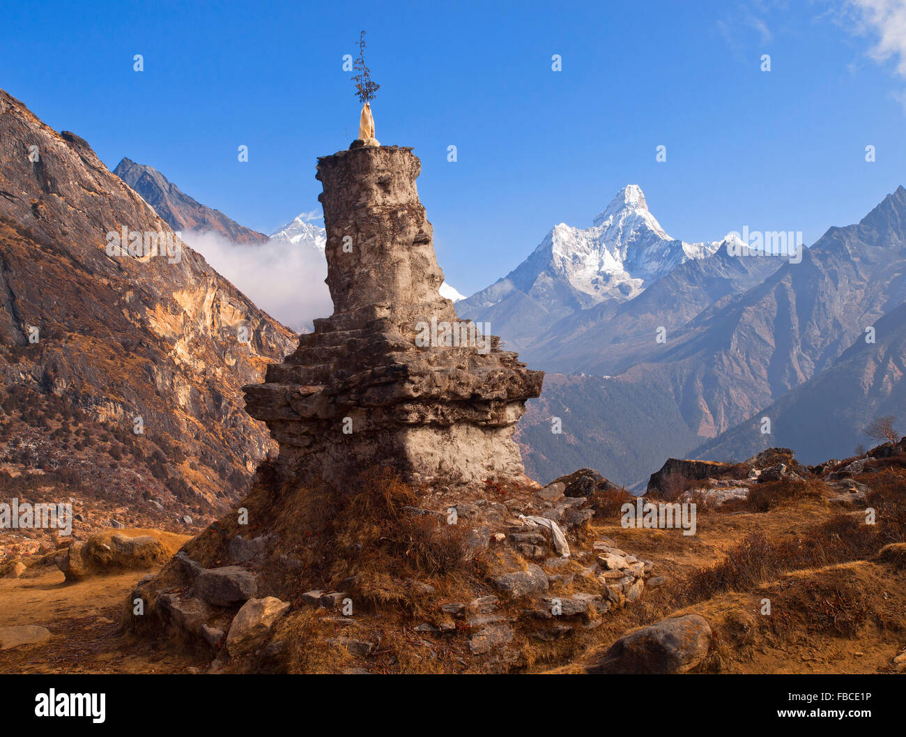 Shrine with Ama Dablam, Himalaya Nepal Stock Photo