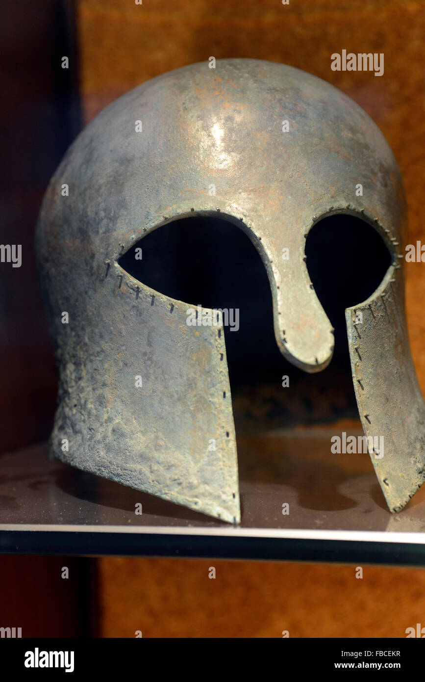 helmet metal Achaean, National Archaeological Museum of Cagliari, Sardinia Italy Stock Photo