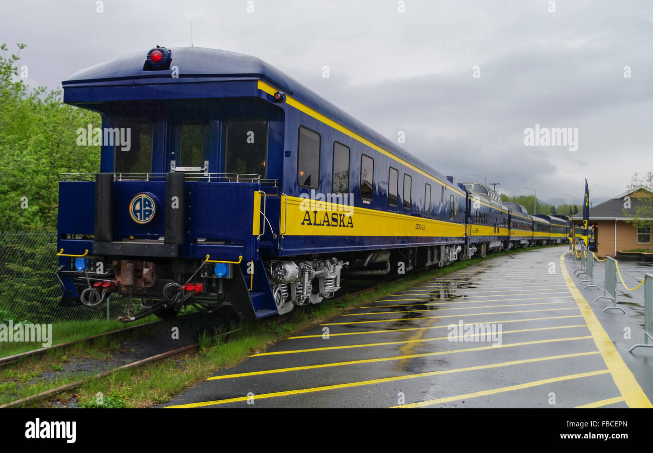 Alaska Railroad ARR passenger train in yellow and blue livery on an overcast day, seen from end of train, at Seward depot, Seward, Alaska, USA. Stock Photo