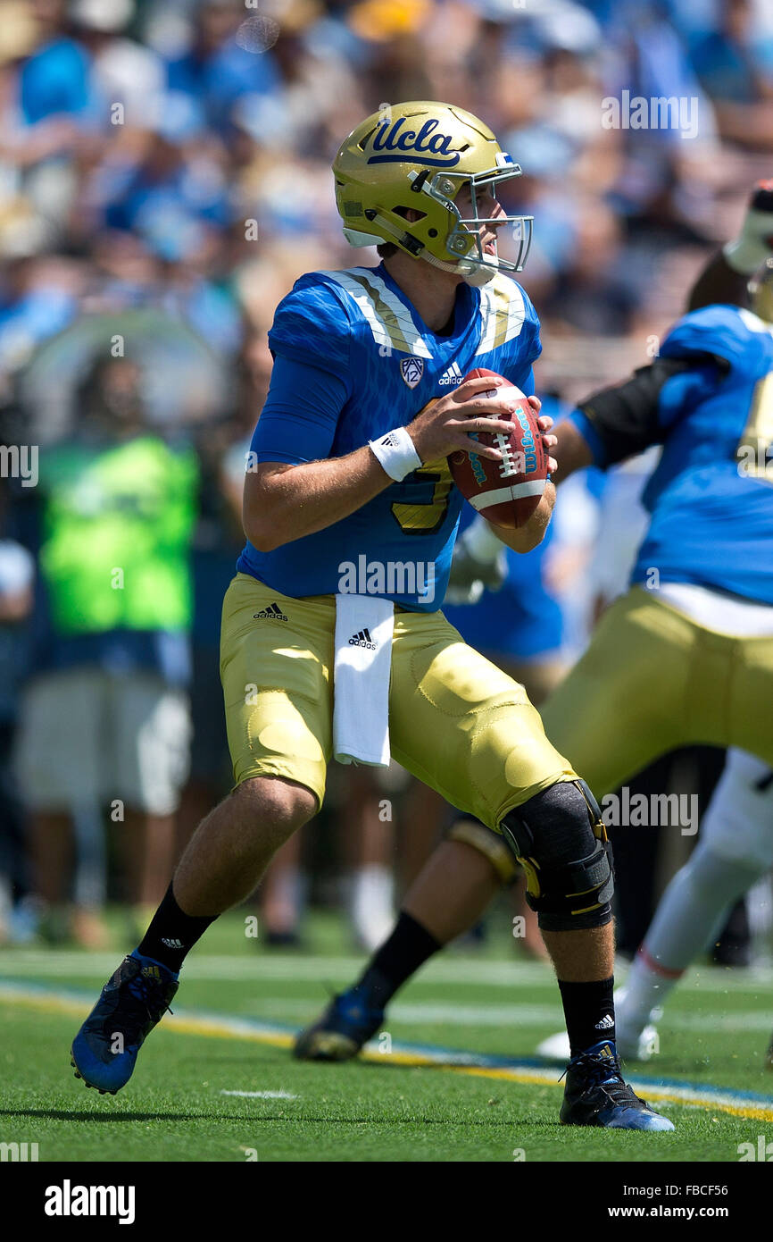 Quarterback Josh Rosen #3 of the UCLA Bruins stands in the pocket during the first quarter against the Virginia Cavaliers at Stock Photo