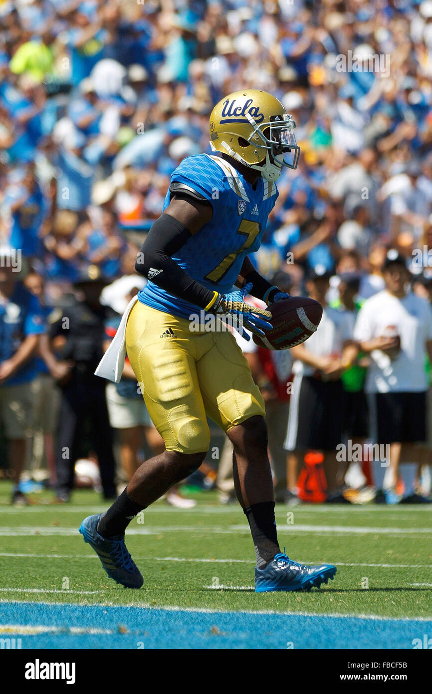 Wide receiver Devin Fuller #7 of the UCLA Bruins scores a touchdown against the Virginia Cavaliers during the first quarter at Stock Photo