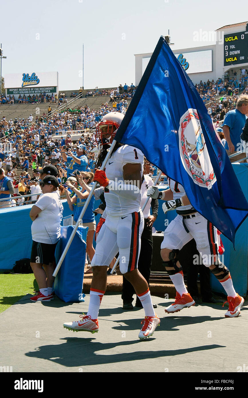 The Virginia Cavaliers enter the field before the game against the UCLA Bruins at the Rose Bowl on September 5, 2015 in Stock Photo