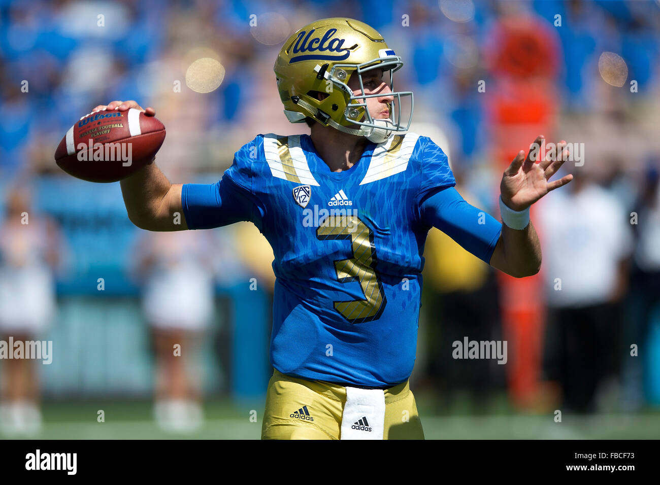 Quarterback Josh Rosen #3 of the UCLA Bruins passes against the Virginia Cavaliers during the third quarter at the Rose Bowl on Stock Photo