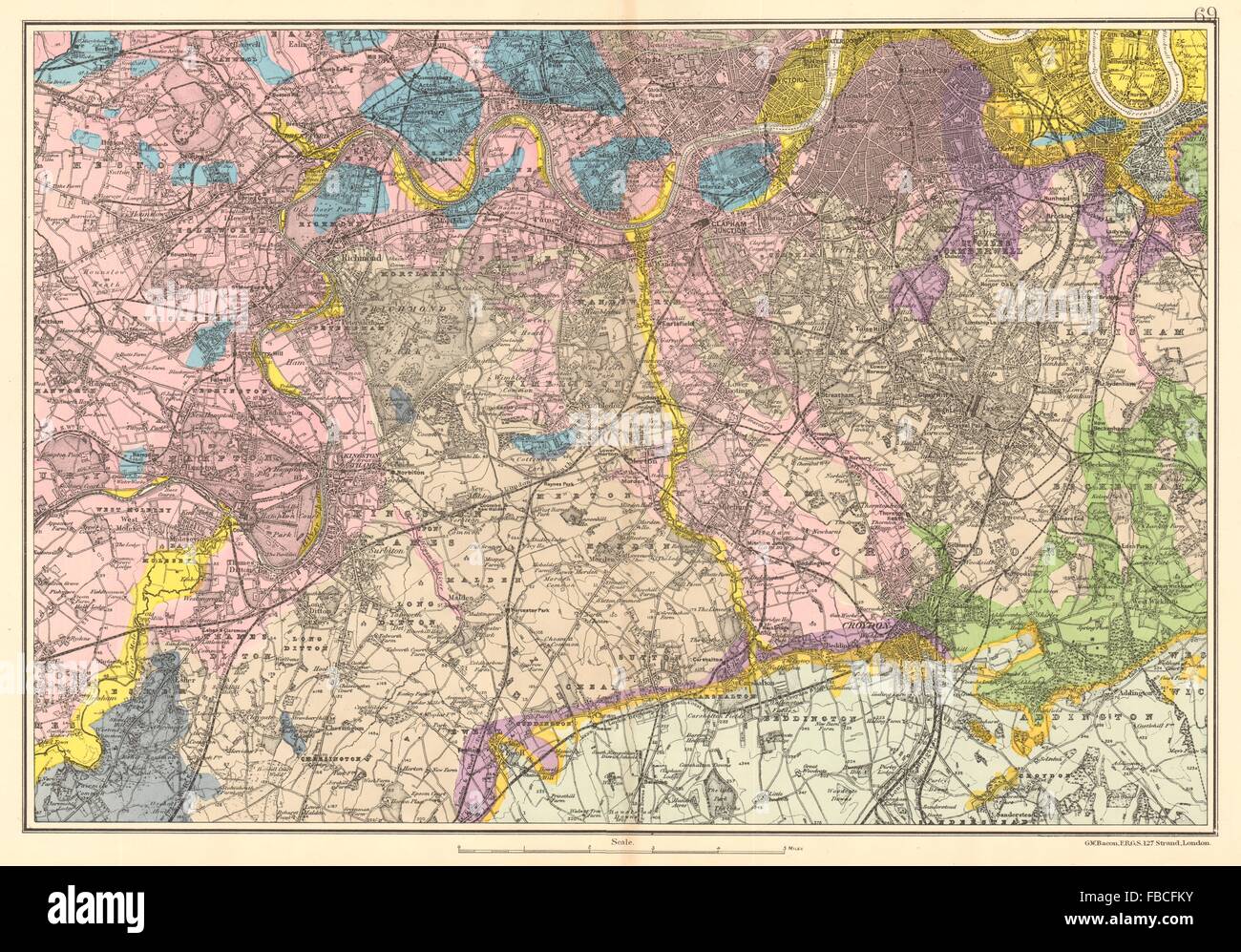 SW LONDON GEOLOGICAL K&C Fulham Surrey Richmond Wandsworth &c. BACON, 1903 map Stock Photo