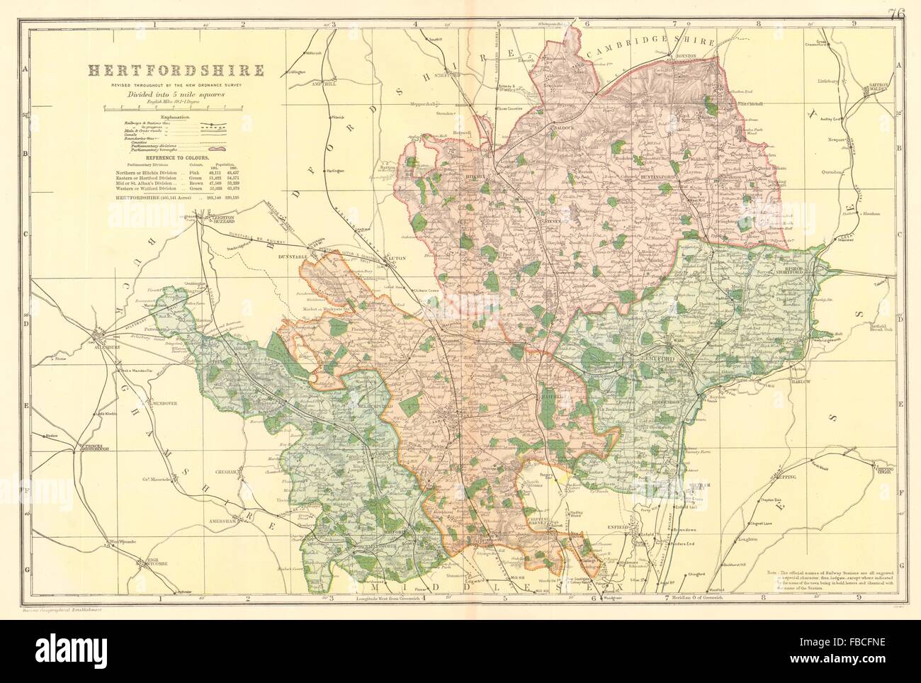 HERTFORDSHIRE county map. Parliamentary constituencies. Railways. BACON