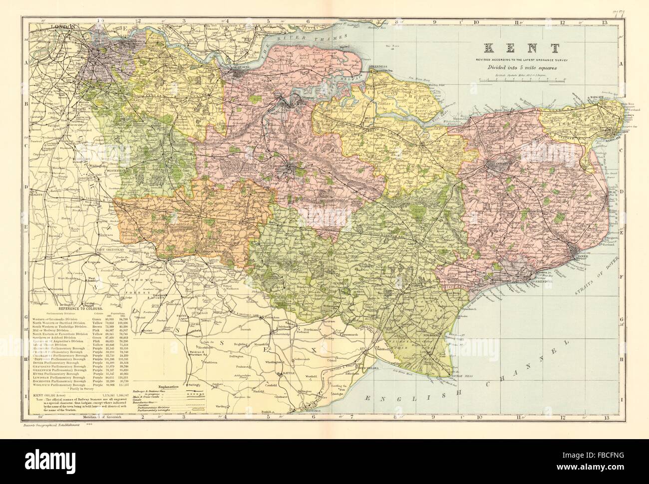 KENT county map. Parliamentary constituencies divisions. Railways. BACON 1903 Stock Photo