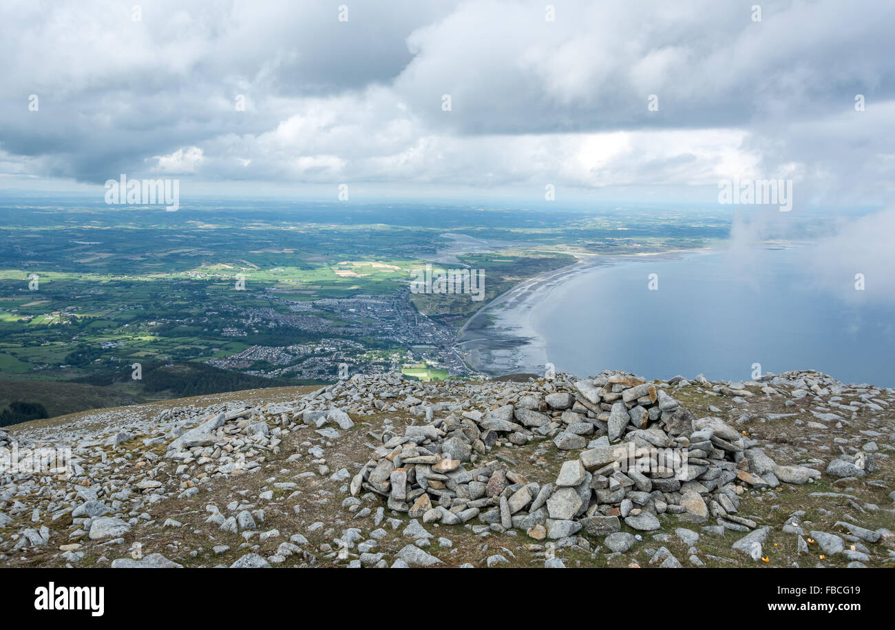 The view over Newcastle, County Down, Ireland from the top of Slieve Donard in the Mourne Mountains Stock Photo