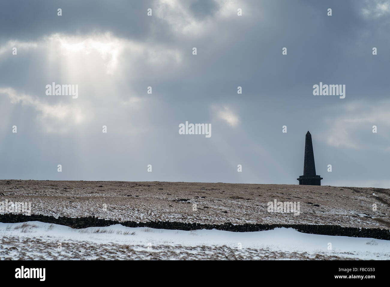 A wintery view of the Stoodley Pike monument, above Todmorden in West Yorkshire. Stock Photo