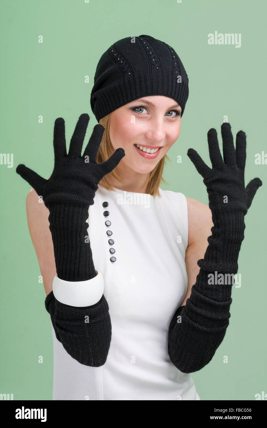 knitwear. young woman wearing a winter cap Stock Photo Alamy