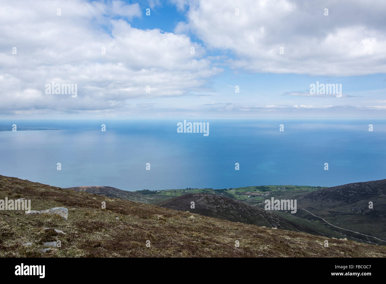 The view from Slieve Donard looking over the Irish sea to England. Stock Photo