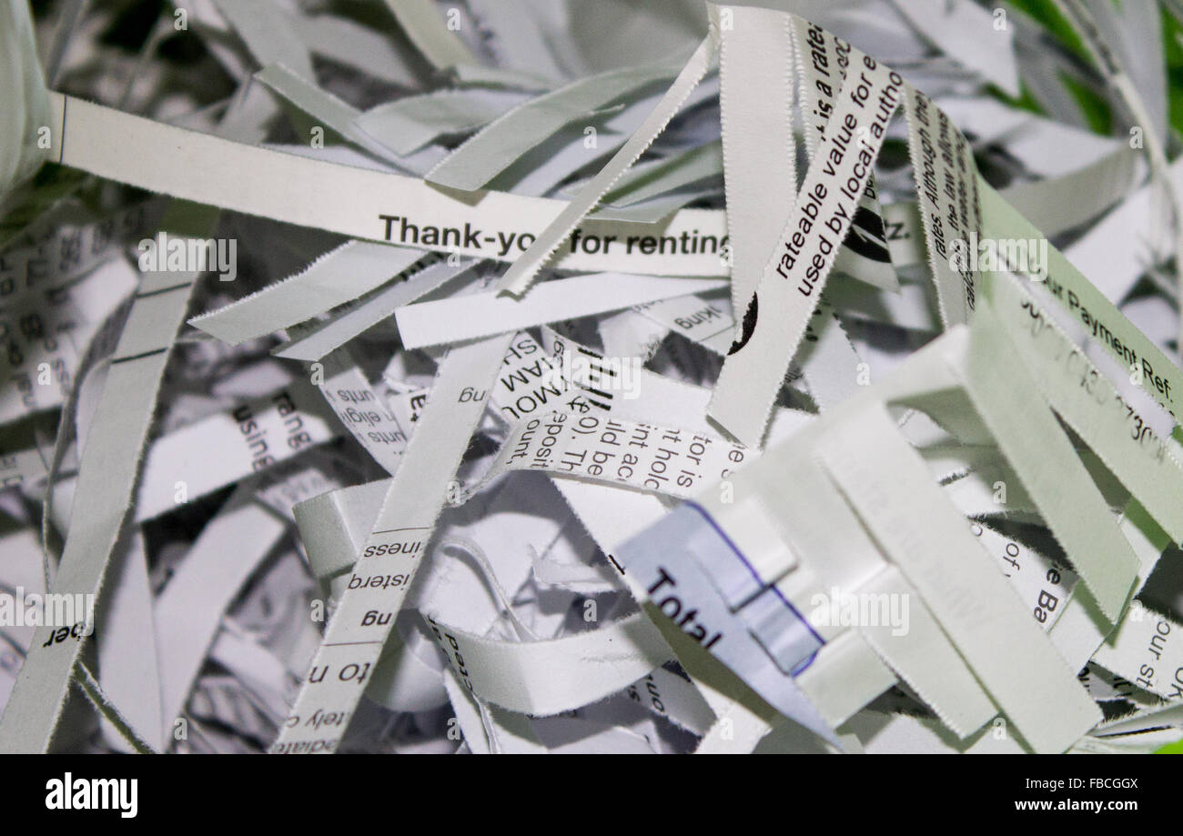 Shredded paper bills and paperwork in a green bag ready to be recycled