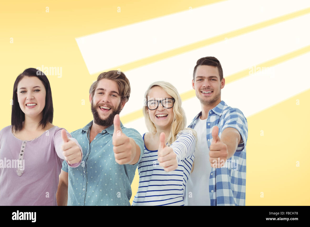 Composite image of portrait of cheerful business people with thumbs up Stock Photo