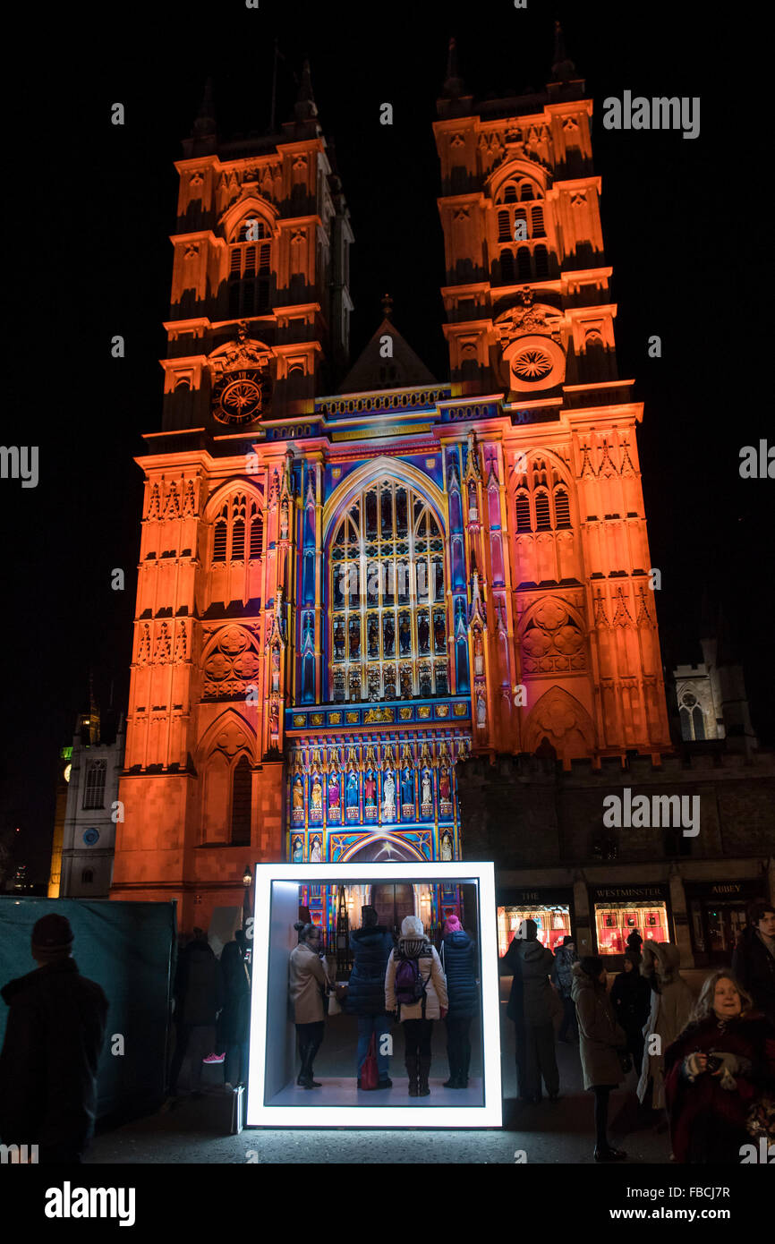 London, UK. 14th January, 2016. The viewing box of The Light of The Spirit by Patrice Warrener at Westminster Abbey - Lumiere London: the ‘biggest-ever’ light festival to hit the capital.  Produced by Artichoke and supported by the Mayor of London, for four evenings in January a host of international artists illuminate the city from 6:30pm to 10:30pm each night.  Iconic architecture has been transformed with 3D projections, interactive installations and other extraordinary light works. Credit:  Guy Bell/Alamy Live News Stock Photo