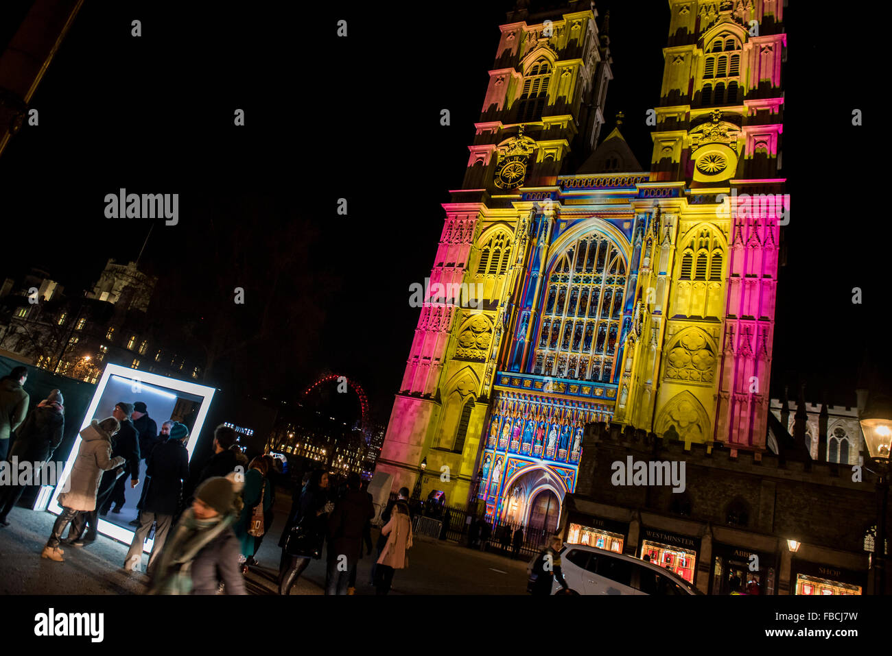 London, UK. 14th January, 2016. The viewing box of The Light of The Spirit by Patrice Warrener at Westminster Abbey - Lumiere London: the ‘biggest-ever’ light festival to hit the capital.  Produced by Artichoke and supported by the Mayor of London, for four evenings in January a host of international artists illuminate the city from 6:30pm to 10:30pm each night.  Iconic architecture has been transformed with 3D projections, interactive installations and other extraordinary light works. Credit:  Guy Bell/Alamy Live News Stock Photo
