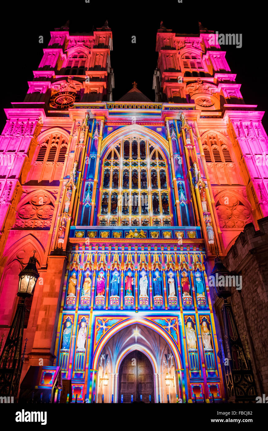 London, UK. 14th January, 2016. The Light of The Spirit by Patrice Warrener at Westminster Abbey - Lumiere London: the ‘biggest-ever’ light festival to hit the capital.  Produced by Artichoke and supported by the Mayor of London, for four evenings in January a host of international artists illuminate the city from 6:30pm to 10:30pm each night.  Iconic architecture has been transformed with 3D projections, interactive installations and other extraordinary light works. Credit:  Guy Bell/Alamy Live News Stock Photo