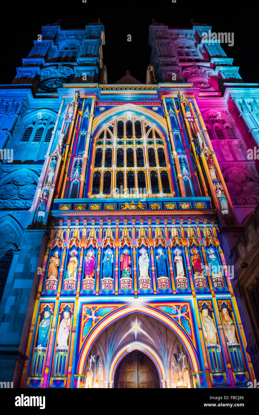 London, UK. 14th January, 2016. The Light of The Spirit by Patrice Warrener at Westminster Abbey - Lumiere London: the ‘biggest-ever’ light festival to hit the capital.  Produced by Artichoke and supported by the Mayor of London, for four evenings in January a host of international artists illuminate the city from 6:30pm to 10:30pm each night.  Iconic architecture has been transformed with 3D projections, interactive installations and other extraordinary light works. Credit:  Guy Bell/Alamy Live News Stock Photo
