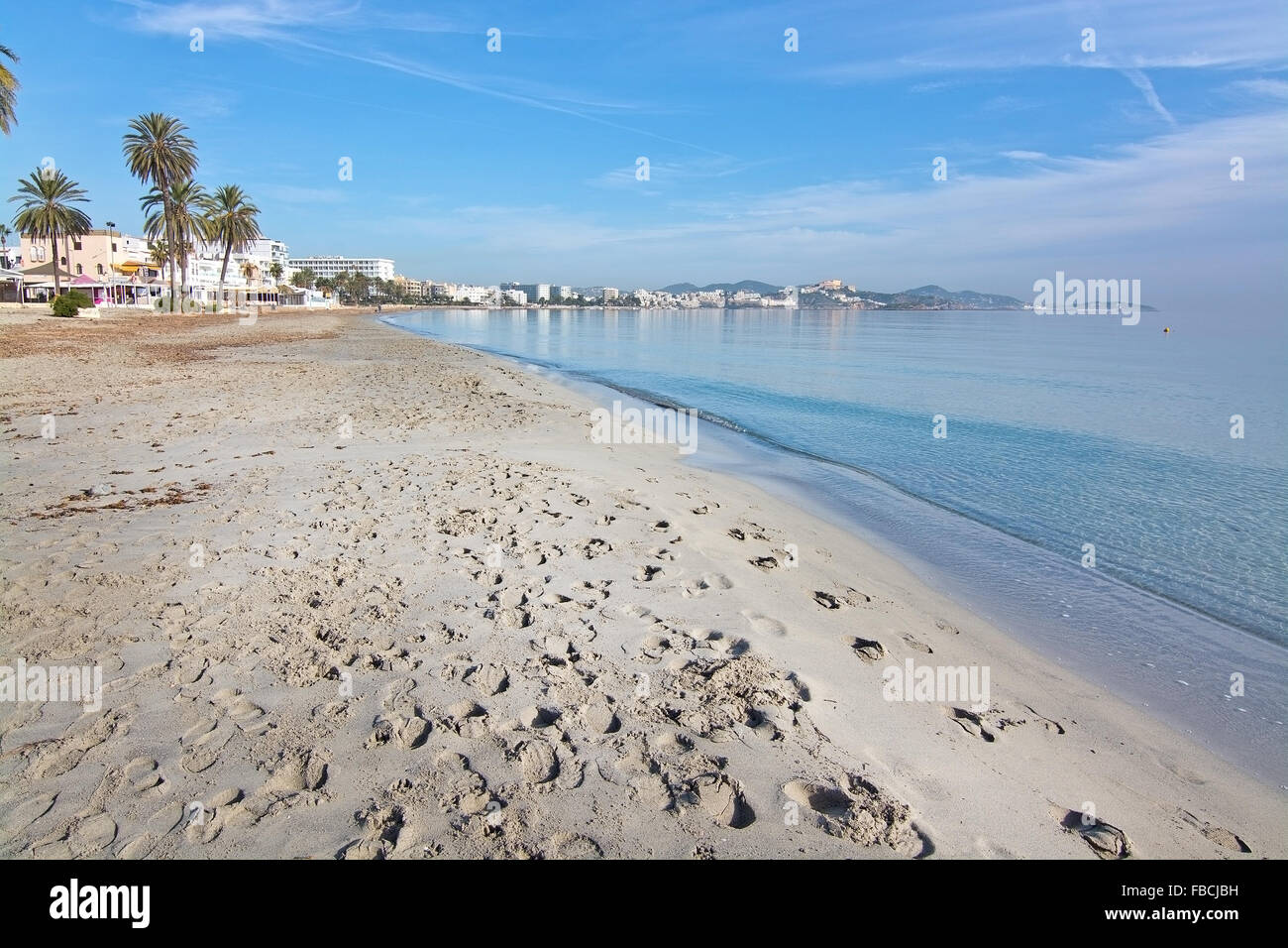 Dreamy soft winter beach on Playa d'en Bossa on a sunny winter morning on December 17, 2015 in Ibiza, Balearic islands, Spain Stock Photo