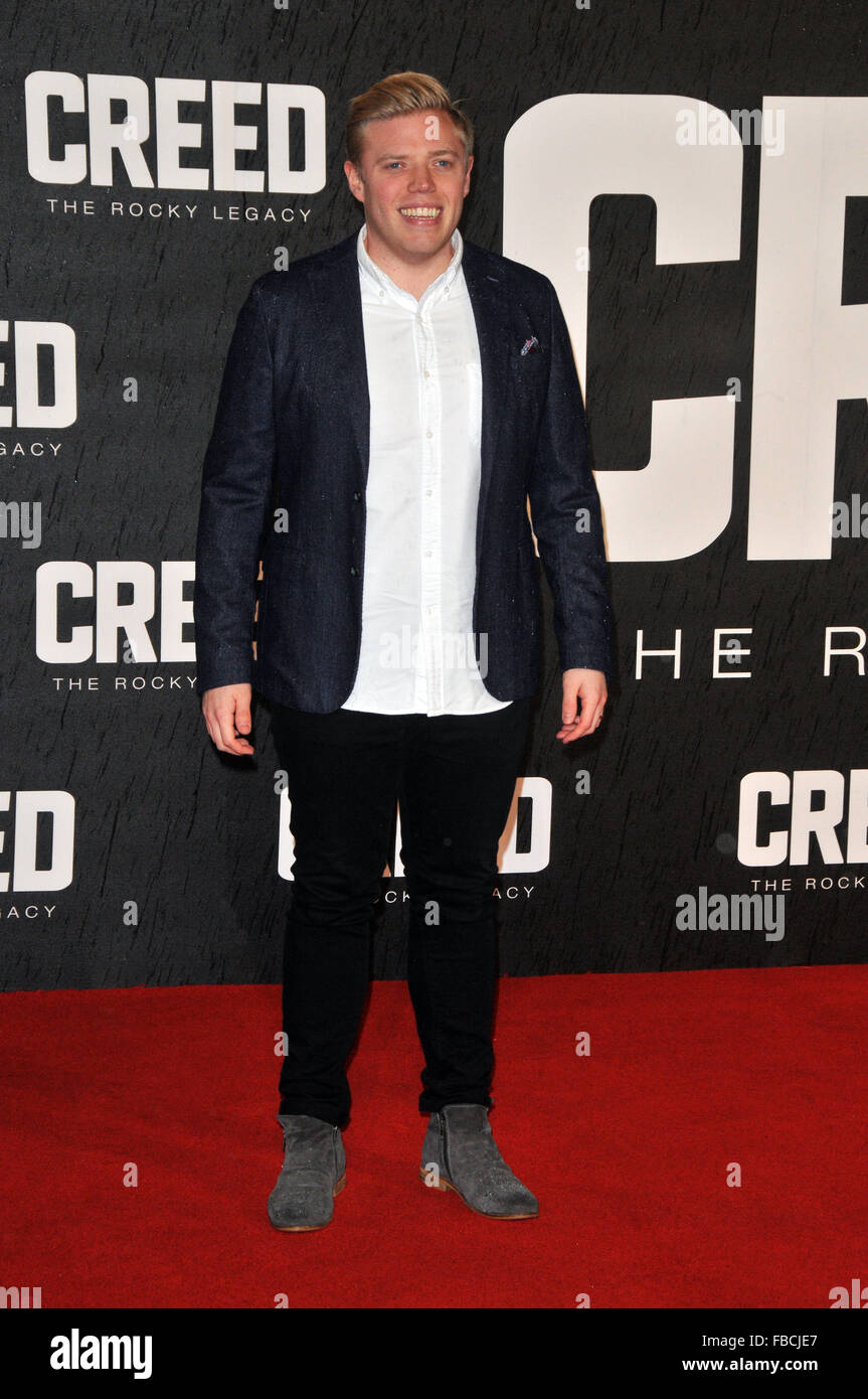 London,UK,12 January 2016,Rob Beckett attends European premiere Creed at Empire Leicester Square.Creed is boxing movie starring Sylvester Stallone,Tessa Thompson Michael B Jordan. Stock Photo