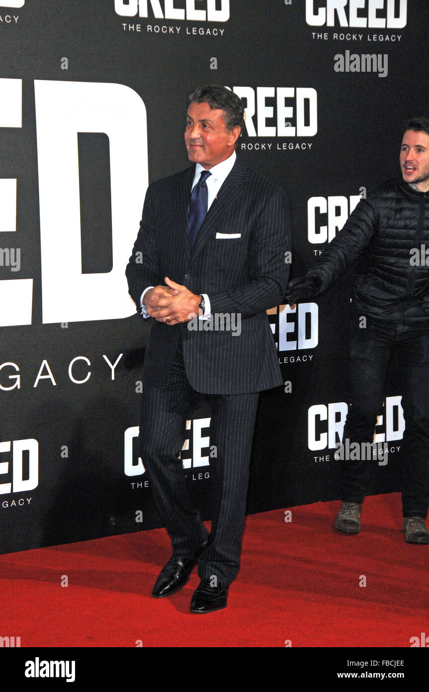 London,UK,12 January 2016,Sylvester Stallone attends European premiere Creed at Empire Leicester Square.Creed is boxing movie starring Sylvester Stallone,Tessa Thompson Michael B Jordan. Stock Photo