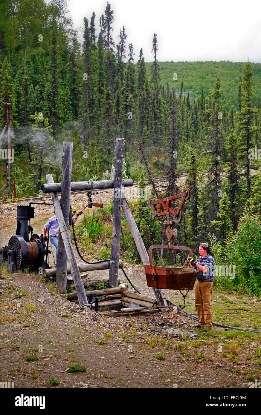 Two miners demonstrating mining techniques at Eldorado goldmine near Fairbanks Alaska USA Stock Photo