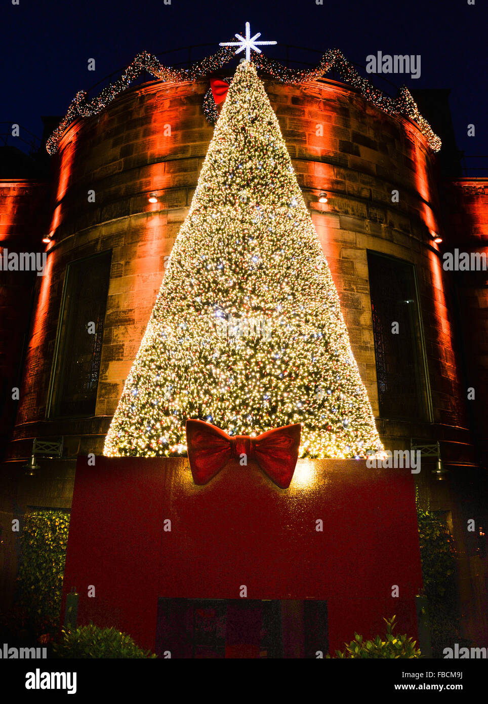 Christmas Tree on the Rose Street side of the Dome restaurant in Edinburgh. Stock Photo