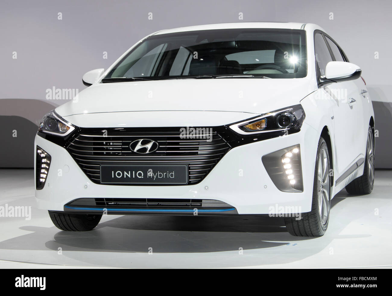 Ioniq Hybrid, Jan 14, 2016 : Hyundai Motor's Ioniq hybrid is seen during a press conference in Seoul, South Korea. The green car's prices range from 22.95 million won (US$18,982) to 27.55 million won. Hyundai Motor said the Ioniq has higher fuel efficiency and its prices is cheaper than the Prius made by Japanese carmaker Toyota. Hyundai aims to sell about 30,000 units of the Ioniq this year, local media reported. © Lee Jae-Won/AFLO/Alamy Live News Stock Photo