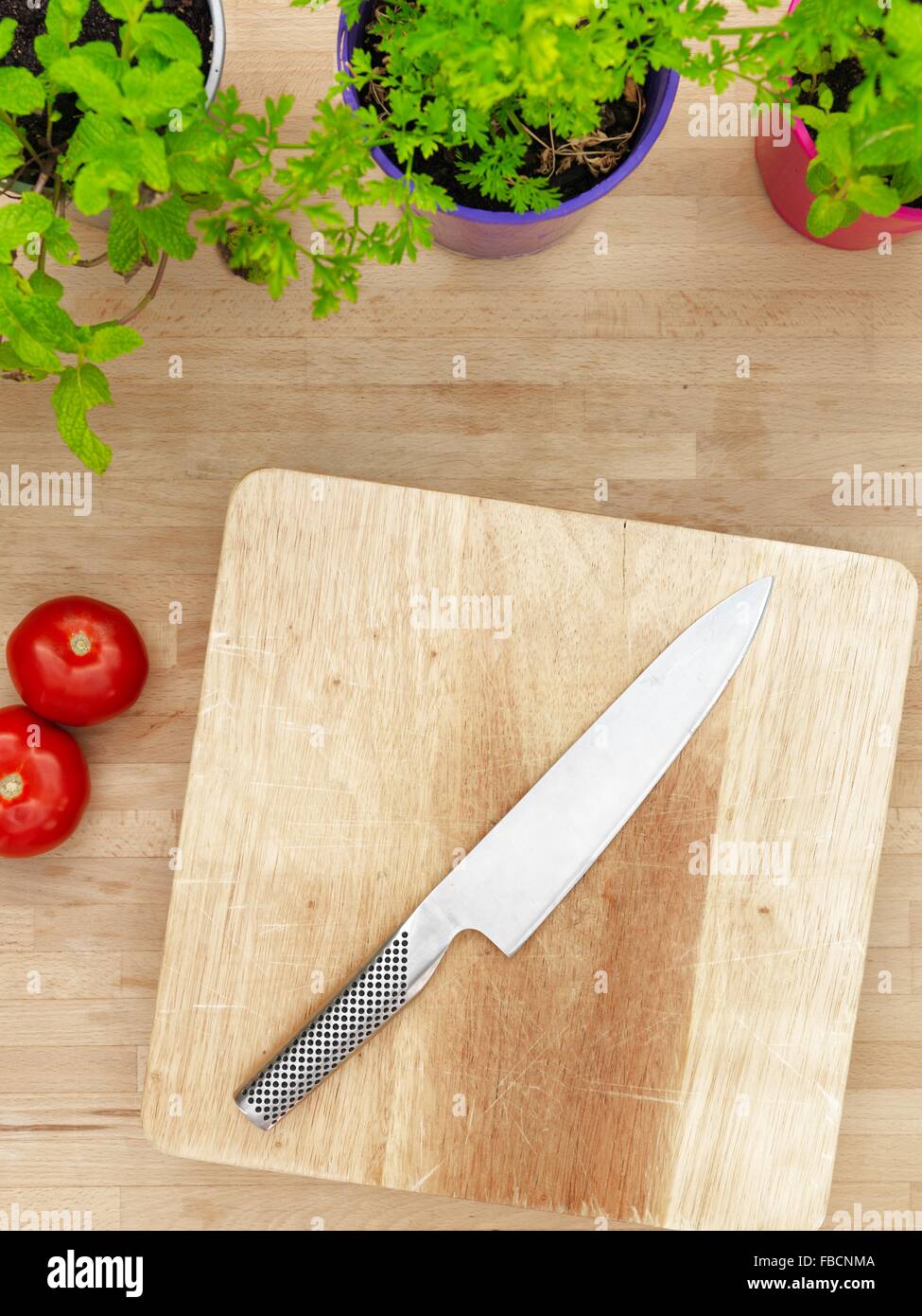 A studio photo of various potted garden herbs on a kitchen bench Stock