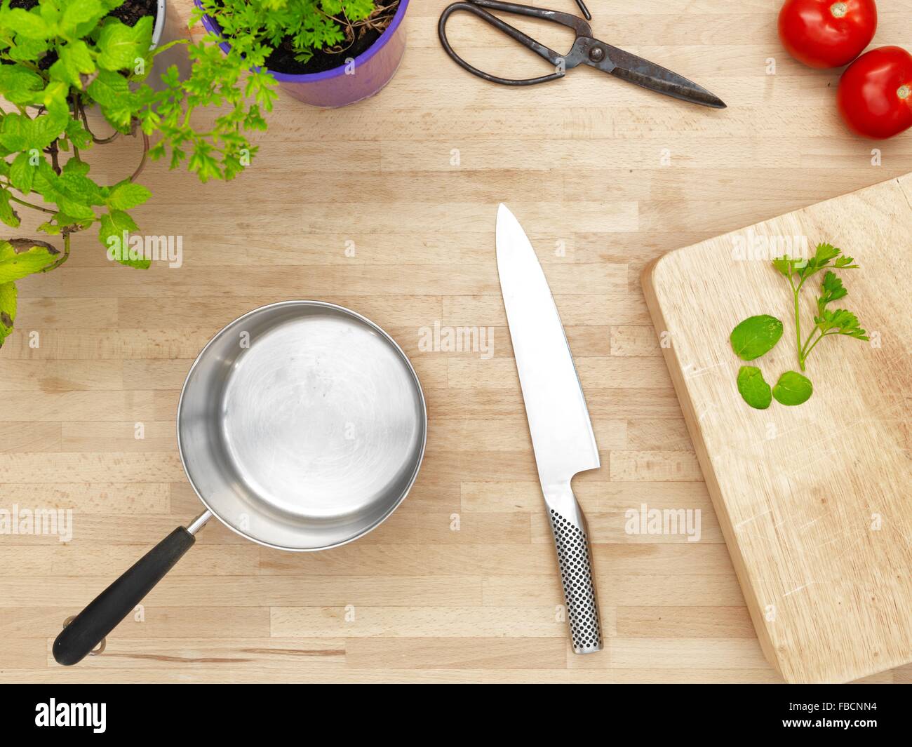 A studio photo of various potted garden herbs on a kitchen bench Stock