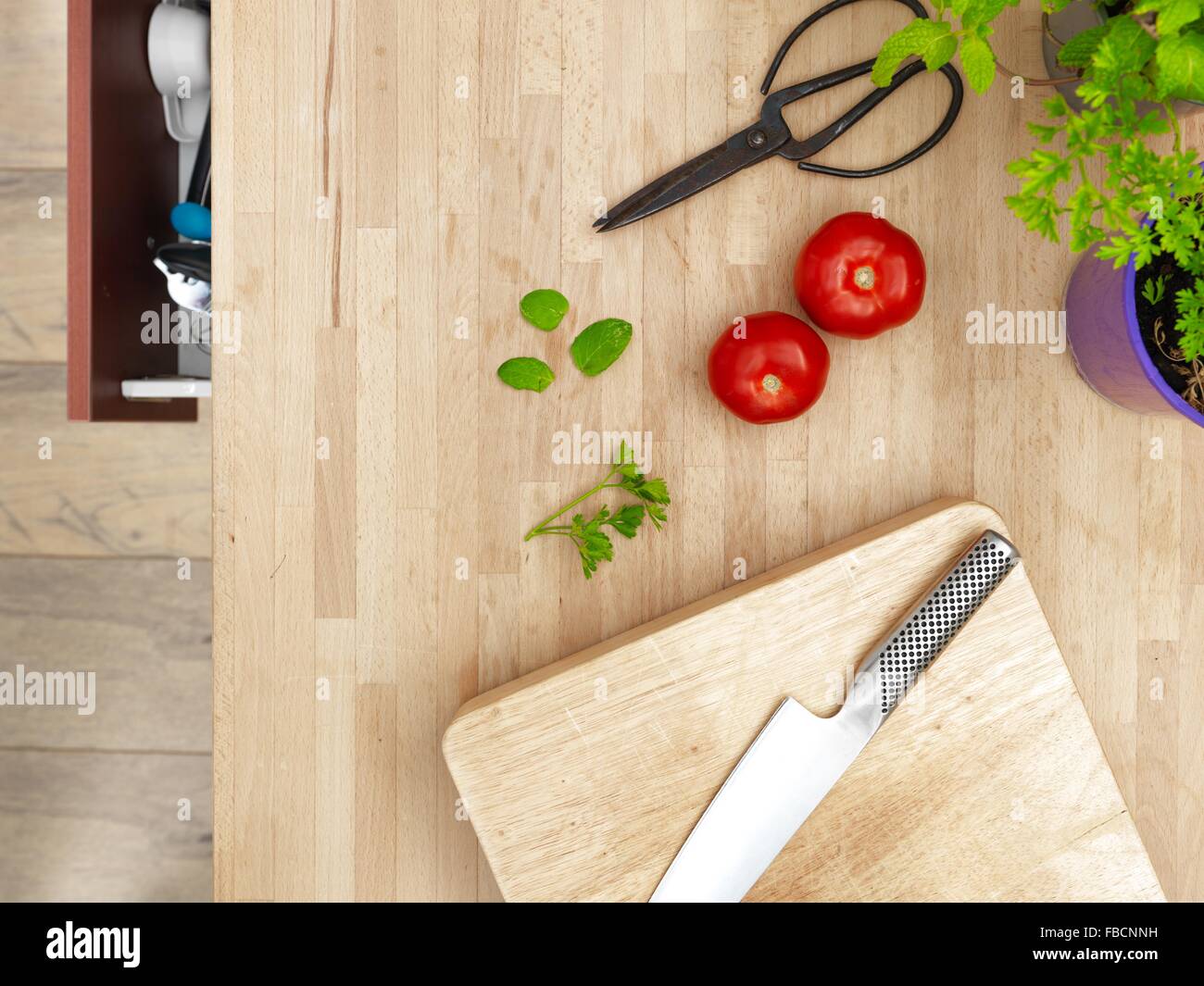 A studio photo of various potted garden herbs on a kitchen bench Stock