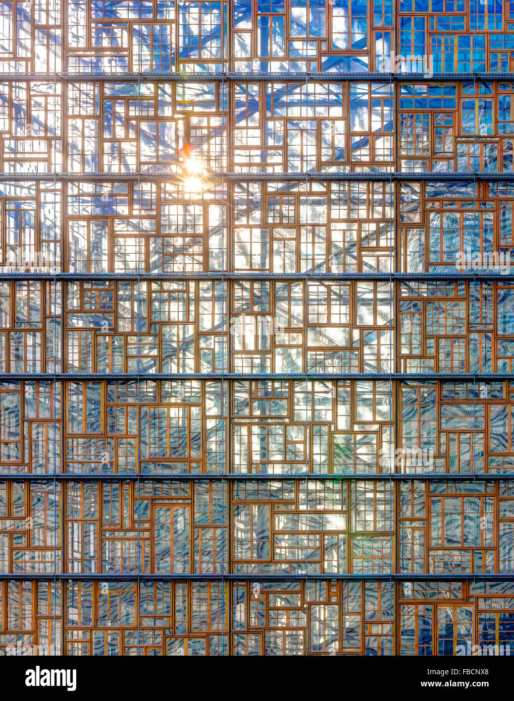 Brussels, New Europa Building, designed by Philippe Samyn & Partners, is the new Headquarters of the European Council. Aka the Egg Building. Facade of recycled windows. Stock Photo
