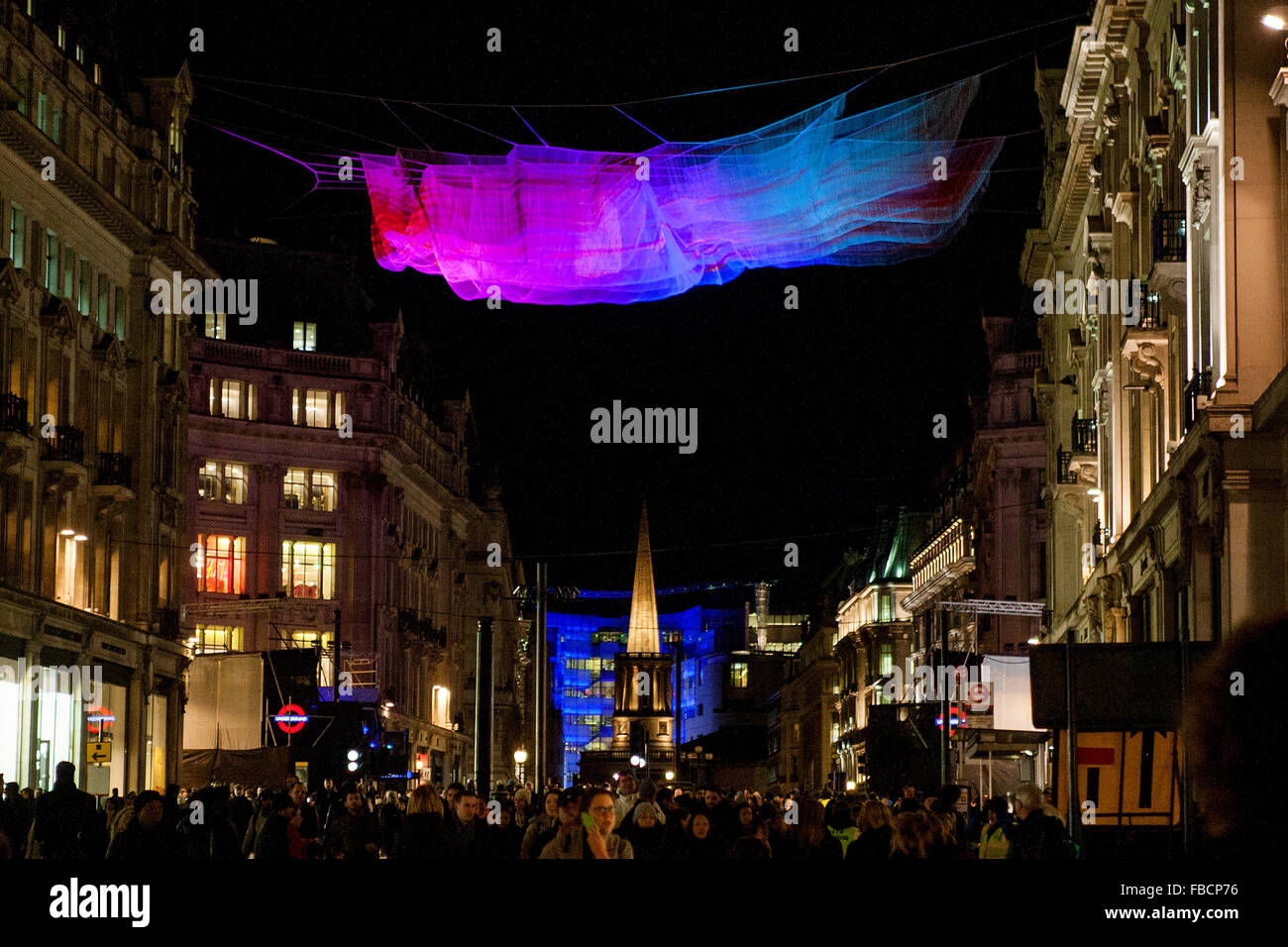 London, UK. 14th January, 2016. Huge net sculpture strung between two buildings. Artist Janet Echelman was inspired by the 2011 Japanese earthquake and tsunami. Credit:  martyn wheatley/Alamy Live News Stock Photo