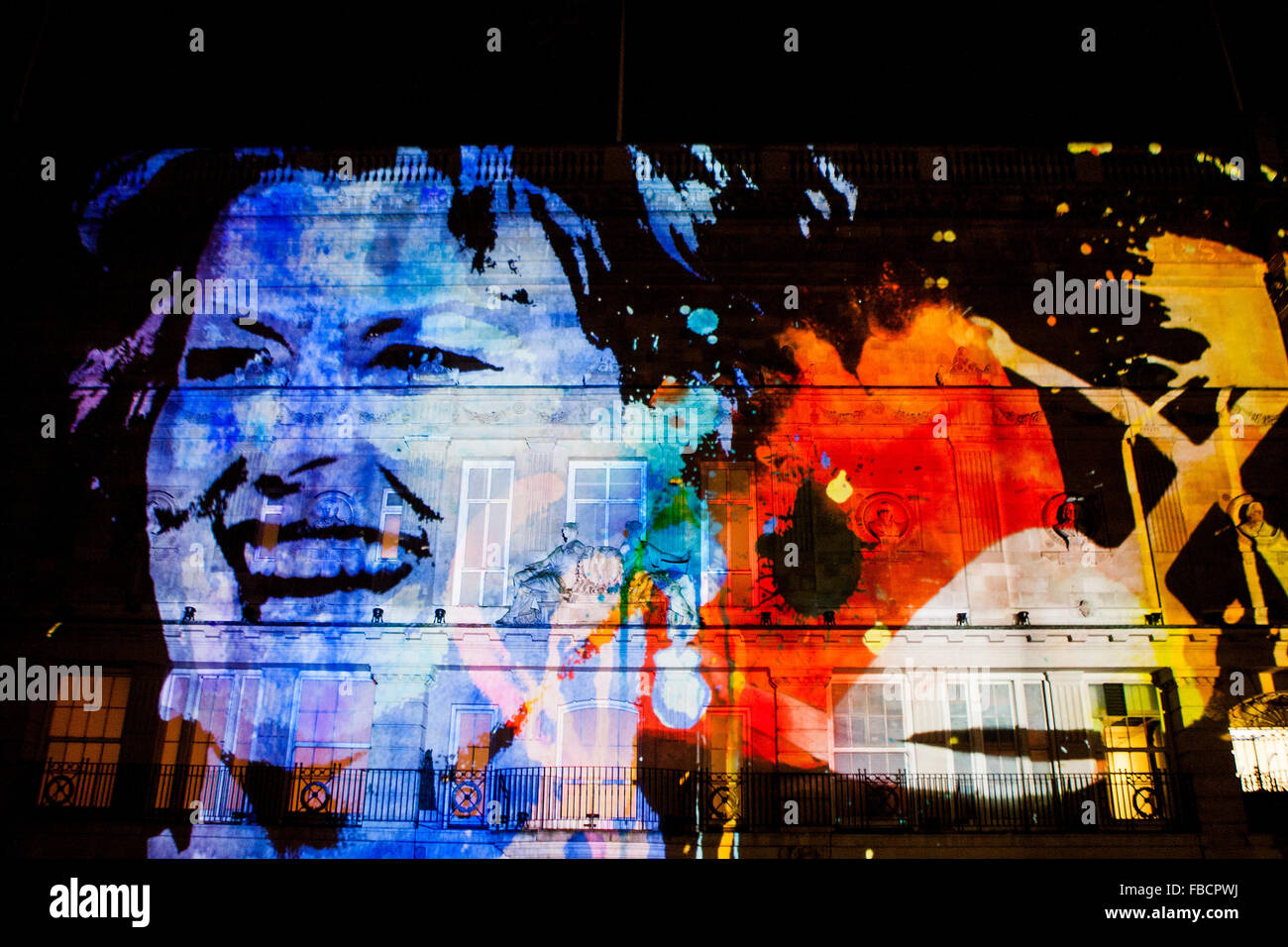 London, UK. 14th January, 2016. 195 Piccadilly by NOVAK projecting different genres of cinema and television using images from BAFTAÕs archive. NOVAK are an award-winning creative studio based in Newcastle upon Tyne, UK, who specialise in motion design and immersive experiences Credit:  martyn wheatley/Alamy Live News Stock Photo