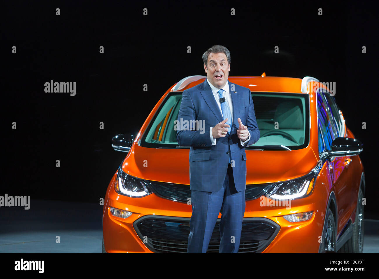 Detroit, Michigan - Mark Reuss, executive vice president of General Motors, introduces the Chevrolet Bolt electric car. Stock Photo