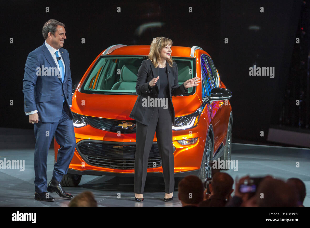 Detroit, Michigan - General Motors Chairman and CEO Marry Barra and Executive Vice President Mark Reuss with the Chevrolet Bolt. Stock Photo