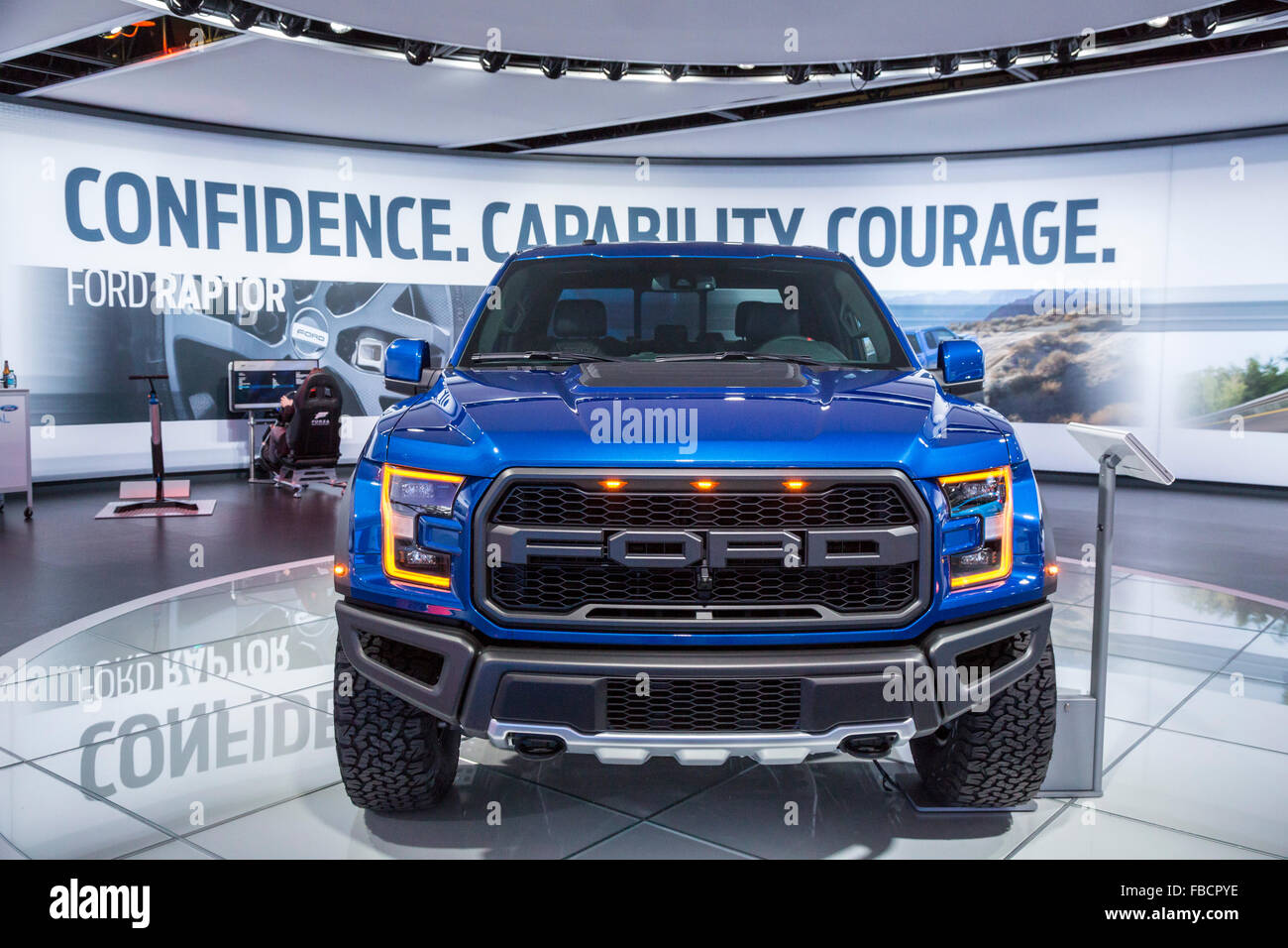 Detroit, Michigan - The 2017 Ford F-150 Raptor on display at the North American International Auto Show. Stock Photo
