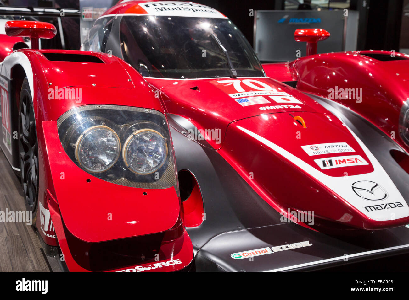 Detroit, Michigan - A Mazda prototype racing car on display at the North American International Auto Show. Stock Photo