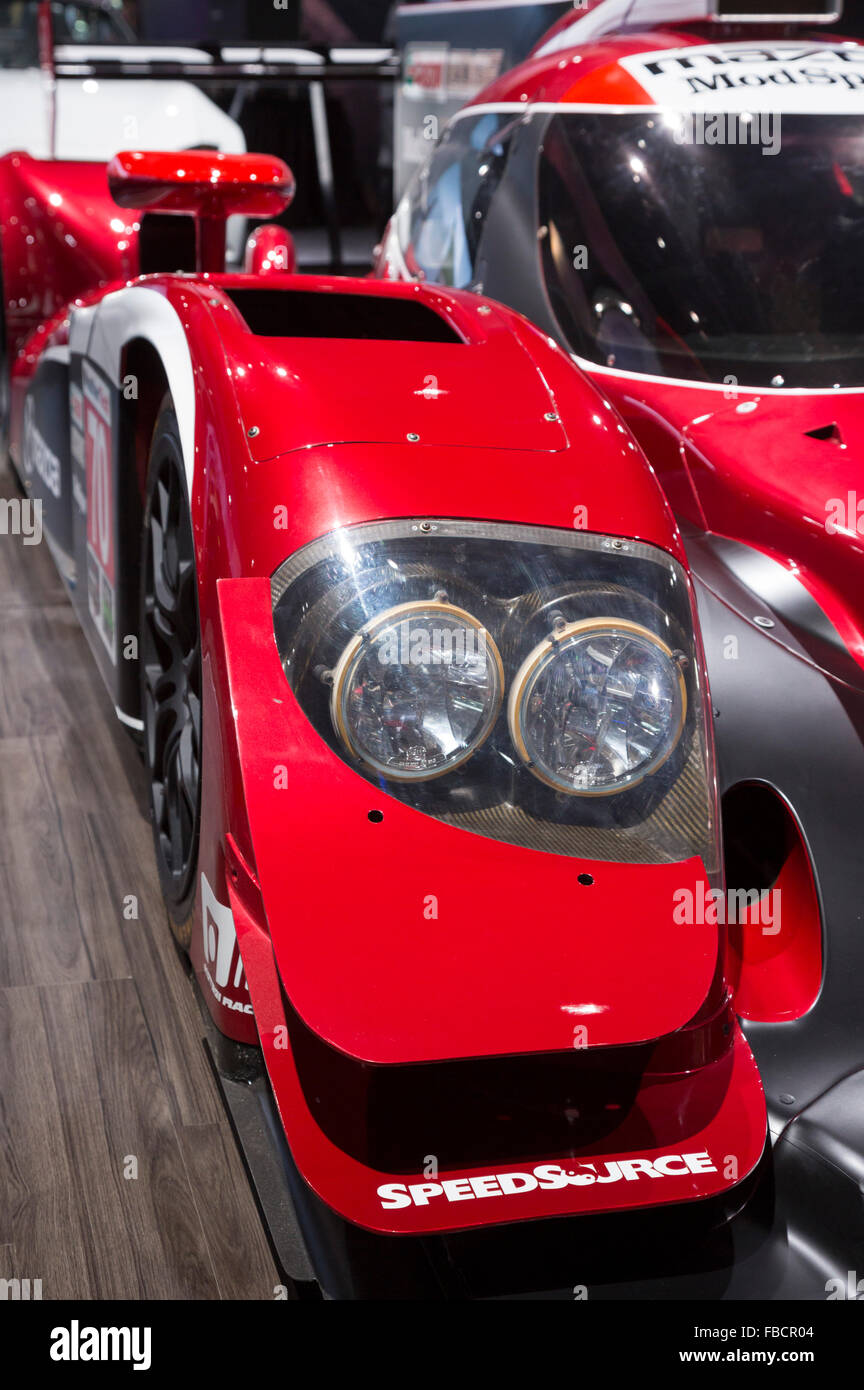 Detroit, Michigan - A Mazda prototype racing car on display at the North American International Auto Show. Stock Photo