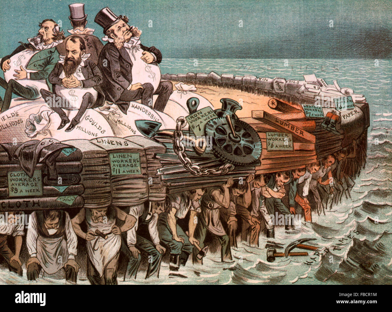 Protectors of Our Industries - Political Cartoon showing Cyrus Field, Jay Gould, Cornelius Vanderbilt, and Russell Sage, seated on bags of 'millions', on large raft, and being carried by workers of various professions. Stock Photo