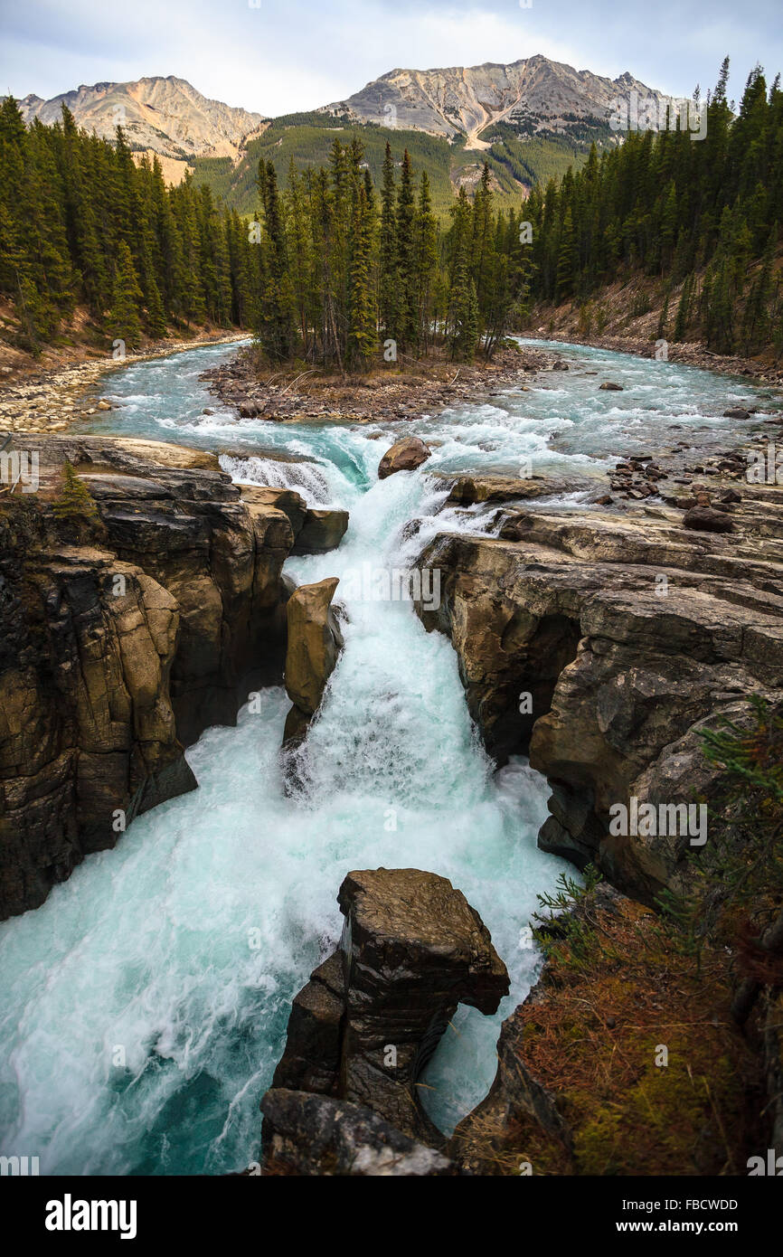 A river wrapping around a small island at Athabasca Falls, Jasper, Alberta Canada. Stock Photo