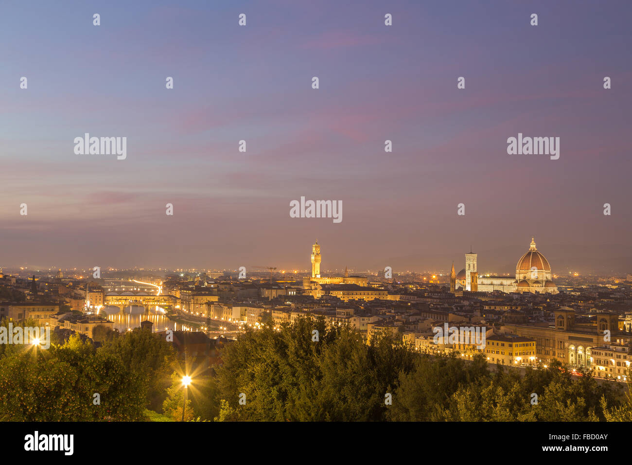 Palazzo Vecchio, Florence cathedral and Arno river at dusk, historic centre, Florence, Tuscany, Italy Stock Photo